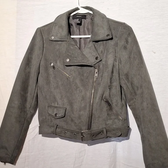 Vintage Bomber Jacket, Faux Suede, Khaki Cropped, Forever 21, Sz 6, NWOT - Picture 6 of 12